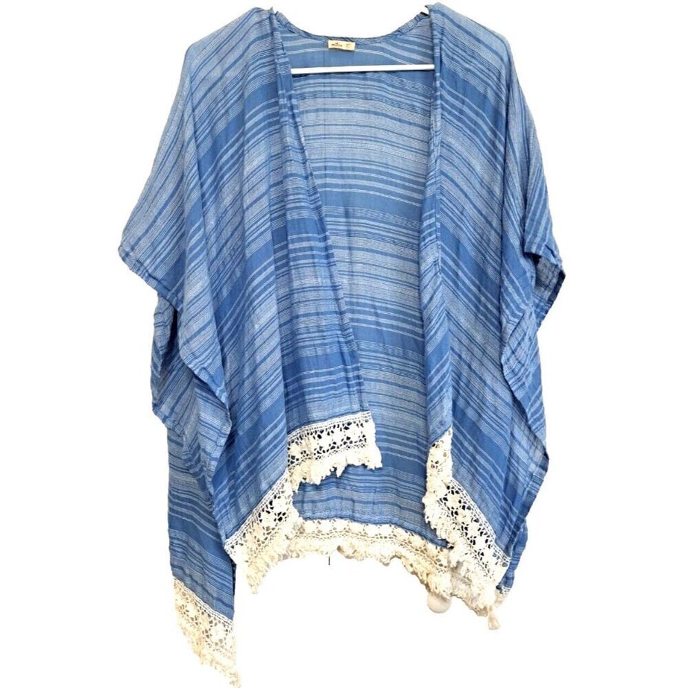 Hollister XS/S Women's Cotton Blue White Stripe Kimono Style Jacket Crochet Lace
